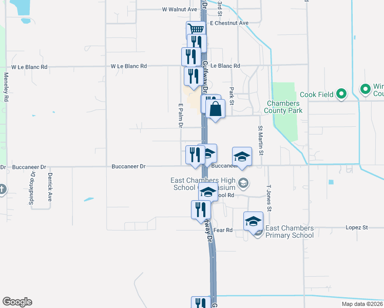 map of restaurants, bars, coffee shops, grocery stores, and more near 1-11 Buccaneer Drive in Winnie