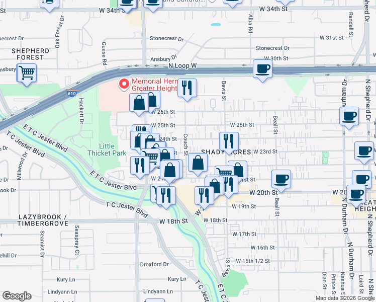 map of restaurants, bars, coffee shops, grocery stores, and more near 1434 West 23rd Street in Houston
