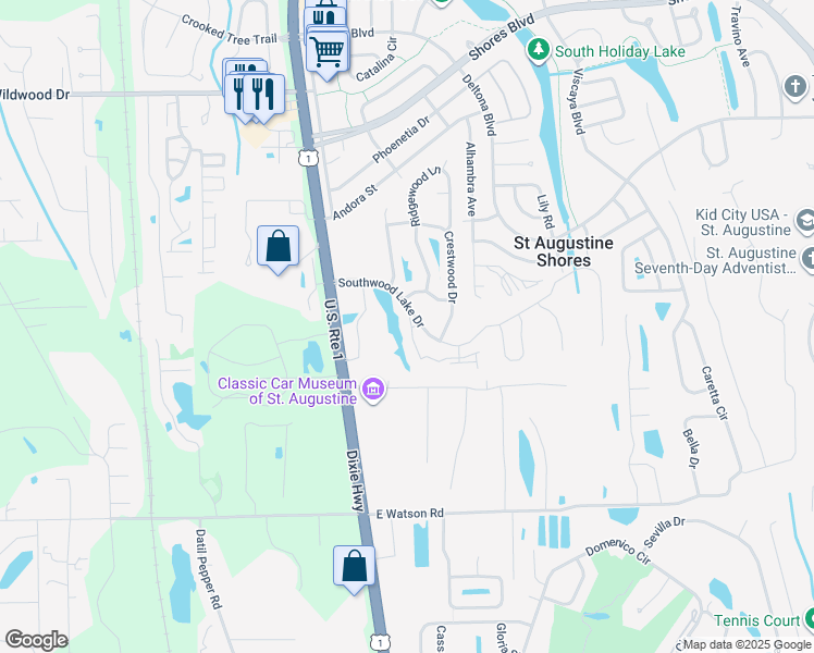 map of restaurants, bars, coffee shops, grocery stores, and more near 104 Laurel Wood Way in St. Augustine