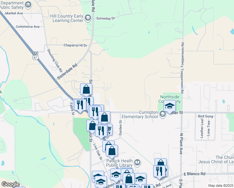 map of restaurants, bars, coffee shops, grocery stores, and more near 9 Hill View Lane in Boerne