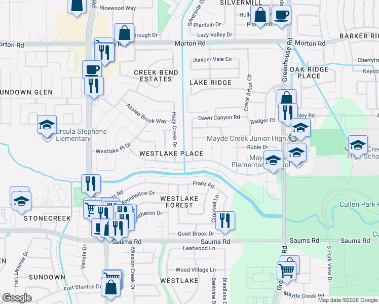 map of restaurants, bars, coffee shops, grocery stores, and more near 2607 Cypressvine Drive in Houston
