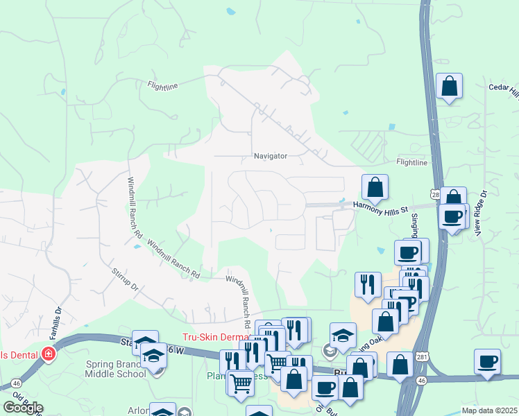 map of restaurants, bars, coffee shops, grocery stores, and more near 319 Rhapsody Ridge in Spring Branch