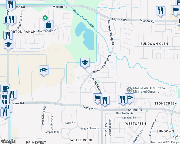 map of restaurants, bars, coffee shops, grocery stores, and more near 2703 Bronze Loquate Court in Katy