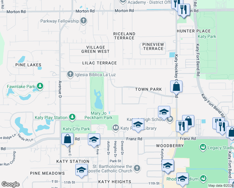 map of restaurants, bars, coffee shops, grocery stores, and more near 2117 Georgetown Street in Katy