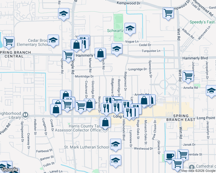 map of restaurants, bars, coffee shops, grocery stores, and more near 1929 Pech Road in Houston