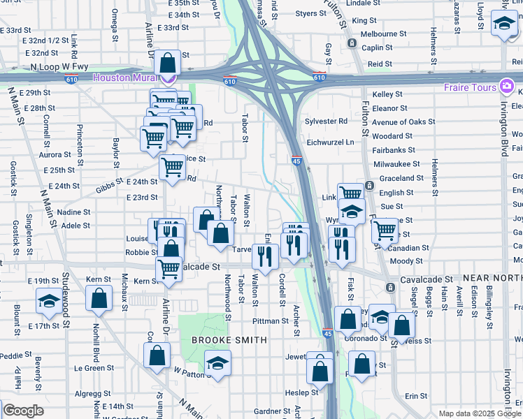 map of restaurants, bars, coffee shops, grocery stores, and more near 1617 Enid Street in Houston