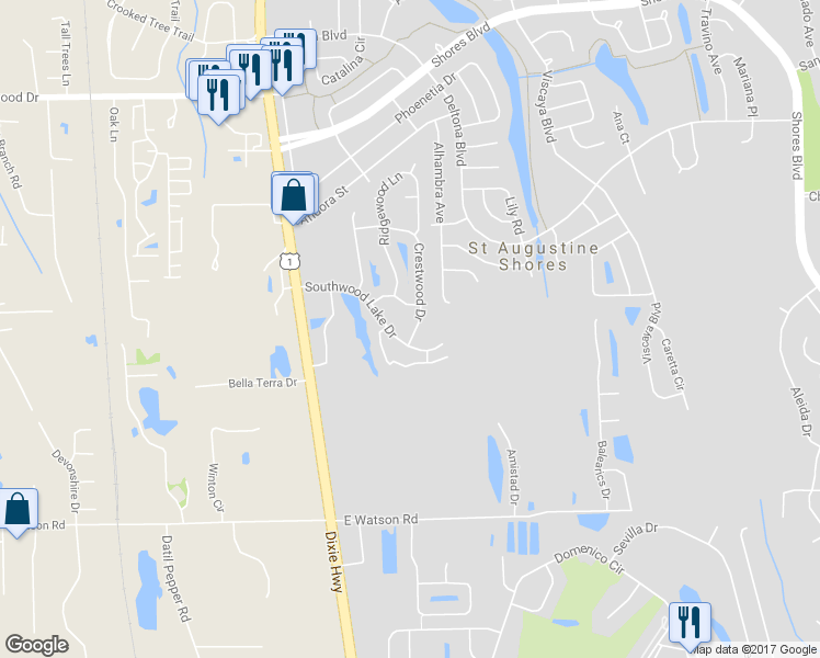 map of restaurants, bars, coffee shops, grocery stores, and more near 841 Crestwood Drive in Saint Augustine