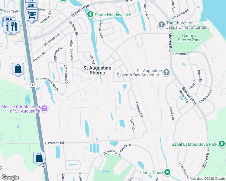 map of restaurants, bars, coffee shops, grocery stores, and more near 407 Balearics Drive in St. Augustine