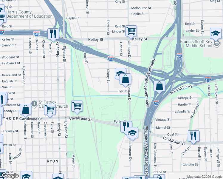 map of restaurants, bars, coffee shops, grocery stores, and more near 2620 Ivy Street in Houston