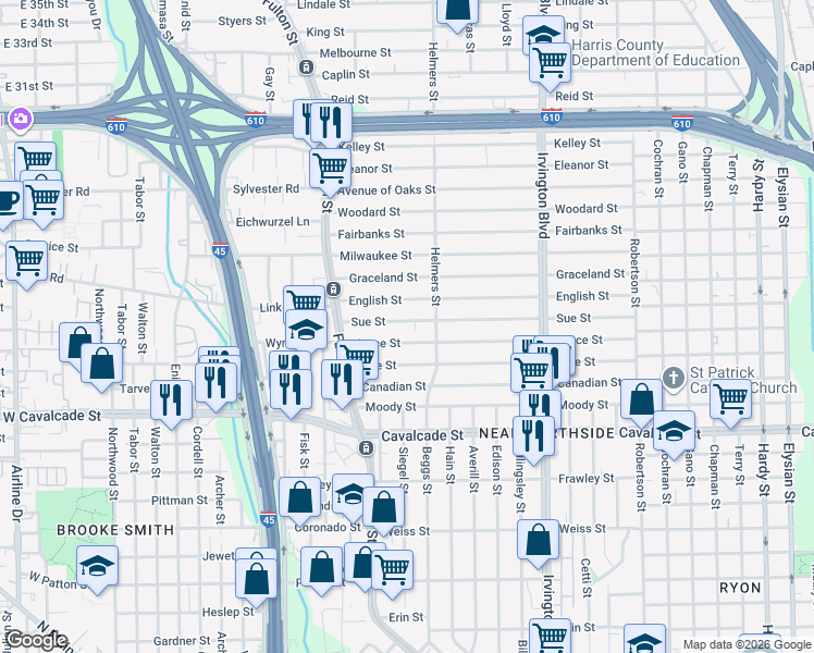 map of restaurants, bars, coffee shops, grocery stores, and more near 313 Joyce Street in Houston