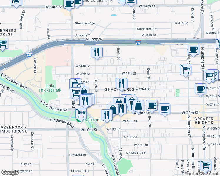 map of restaurants, bars, coffee shops, grocery stores, and more near 1402 West 23rd Street in Houston