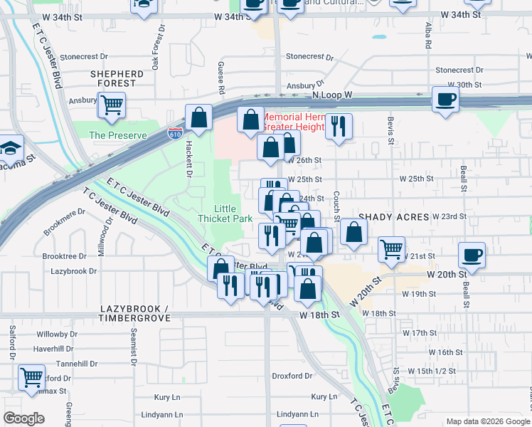 map of restaurants, bars, coffee shops, grocery stores, and more near in Houston