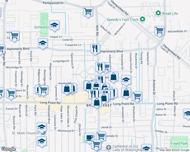 map of restaurants, bars, coffee shops, grocery stores, and more near 7901 Amelia Road in Houston
