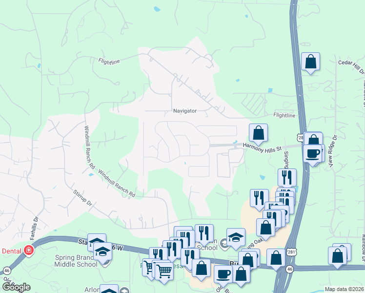 map of restaurants, bars, coffee shops, grocery stores, and more near 307 Rhapsody Ridge in Spring Branch