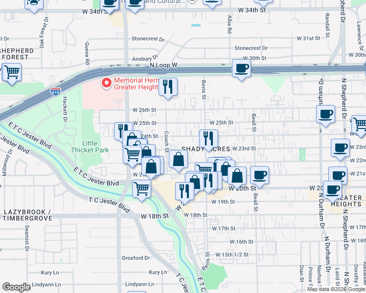 map of restaurants, bars, coffee shops, grocery stores, and more near 1415 West 23rd Street in Houston