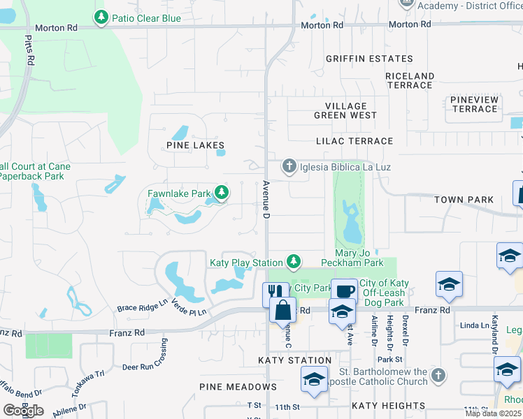 map of restaurants, bars, coffee shops, grocery stores, and more near 2322 Deerfield Drive in Katy