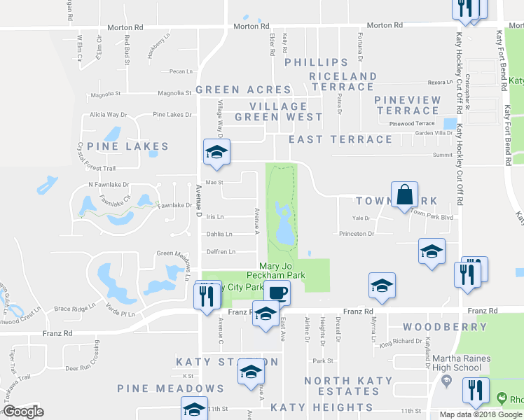 map of restaurants, bars, coffee shops, grocery stores, and more near 2238 Avenue A in Katy