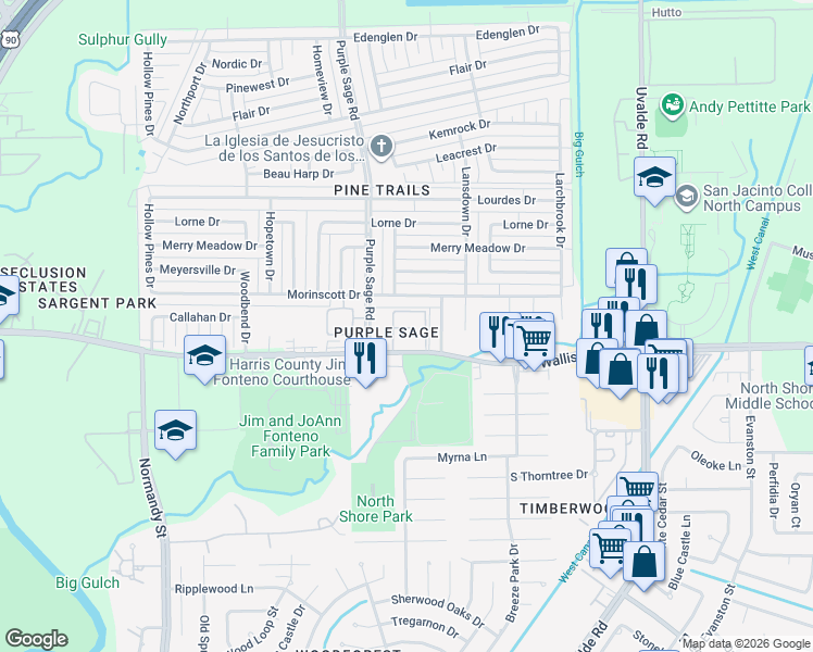map of restaurants, bars, coffee shops, grocery stores, and more near 14445 Wallisville Road in Houston