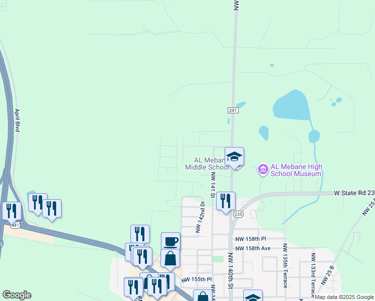 map of restaurants, bars, coffee shops, grocery stores, and more near 14320 Northwest 165th Place in Alachua