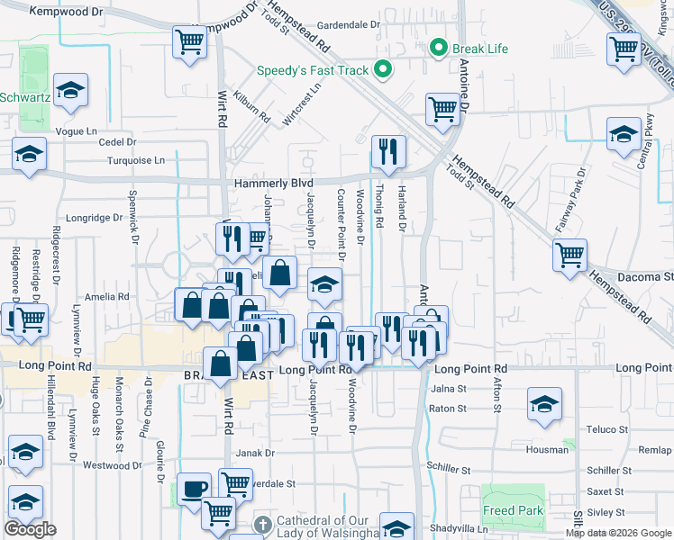 map of restaurants, bars, coffee shops, grocery stores, and more near 1944 Counter Point Drive in Houston