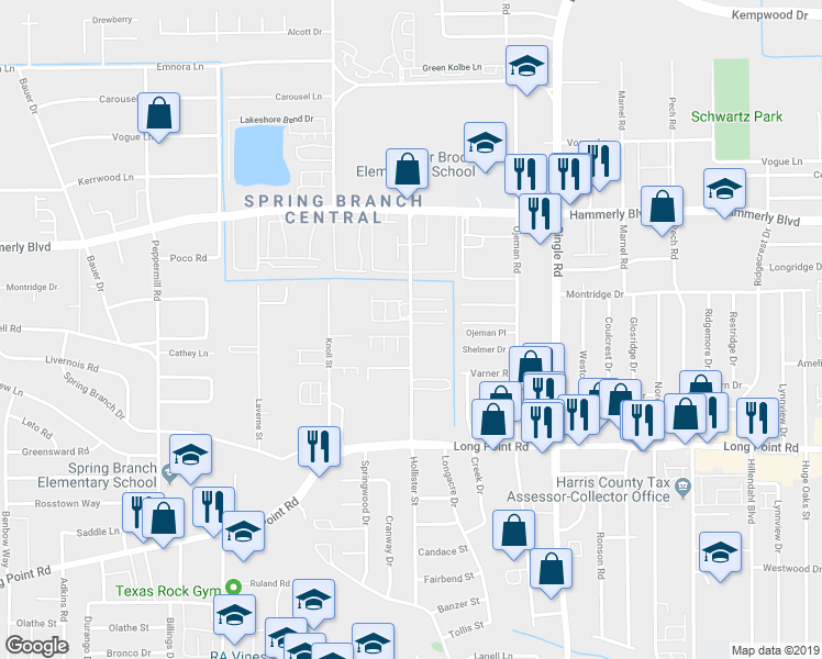 map of restaurants, bars, coffee shops, grocery stores, and more near 8904 Hollister Commons Lane in Houston