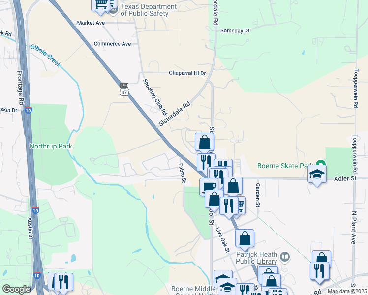 map of restaurants, bars, coffee shops, grocery stores, and more near 3 Shooting Club Road in Boerne