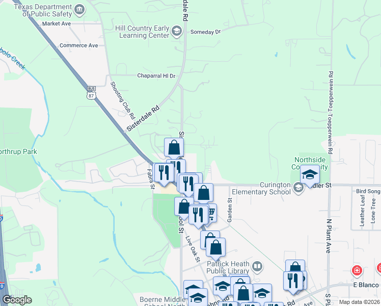 map of restaurants, bars, coffee shops, grocery stores, and more near 933 North School Street in Boerne