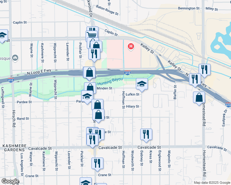 map of restaurants, bars, coffee shops, grocery stores, and more near 5465 Pardee Street in Houston