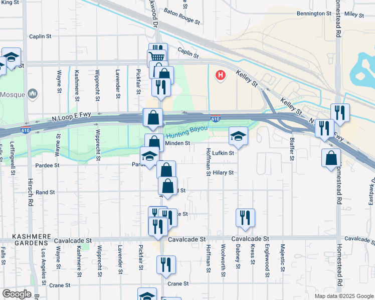 map of restaurants, bars, coffee shops, grocery stores, and more near 5465 Pardee Street in Houston