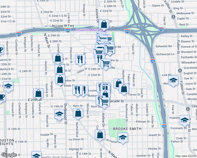 map of restaurants, bars, coffee shops, grocery stores, and more near 2104 Airline Drive in Houston