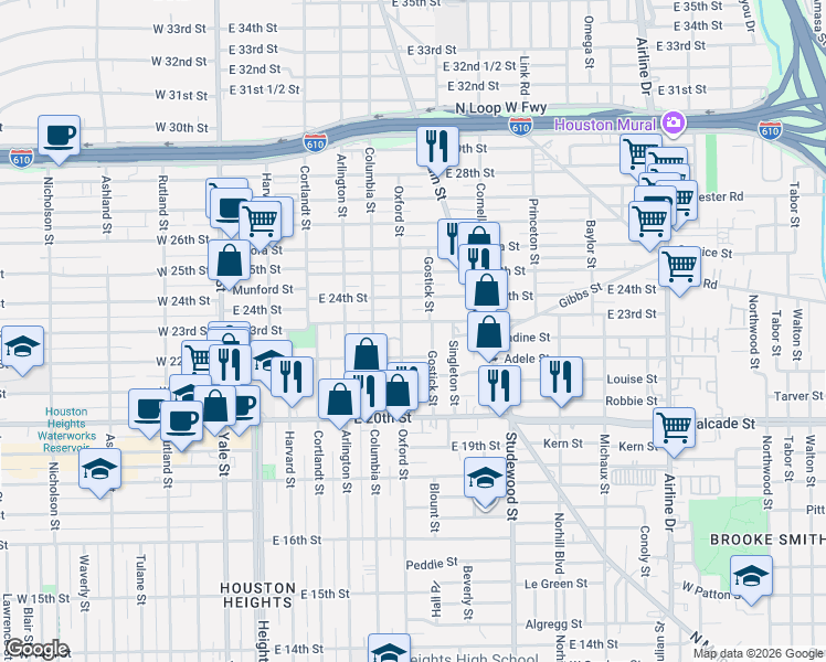 map of restaurants, bars, coffee shops, grocery stores, and more near 2211 Oxford Street in Houston