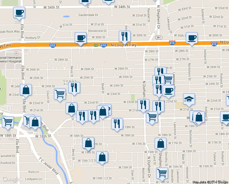 map of restaurants, bars, coffee shops, grocery stores, and more near 1010 West 23rd Street in Houston