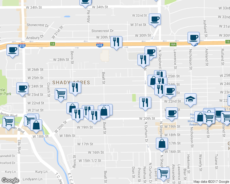 map of restaurants, bars, coffee shops, grocery stores, and more near 1010 West 23rd Street in Houston