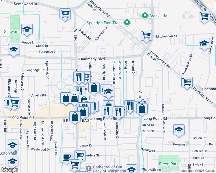 map of restaurants, bars, coffee shops, grocery stores, and more near 1931 Jacquelyn Drive in Houston