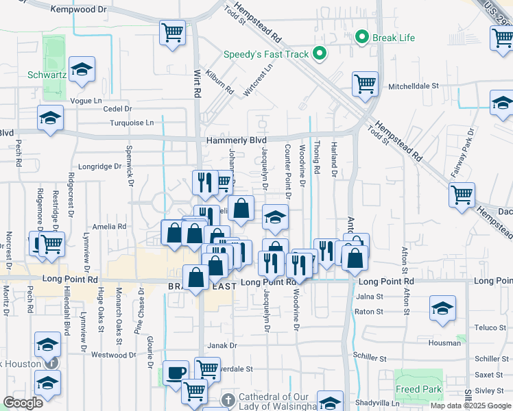 map of restaurants, bars, coffee shops, grocery stores, and more near 1931 Jacquelyn Drive in Houston
