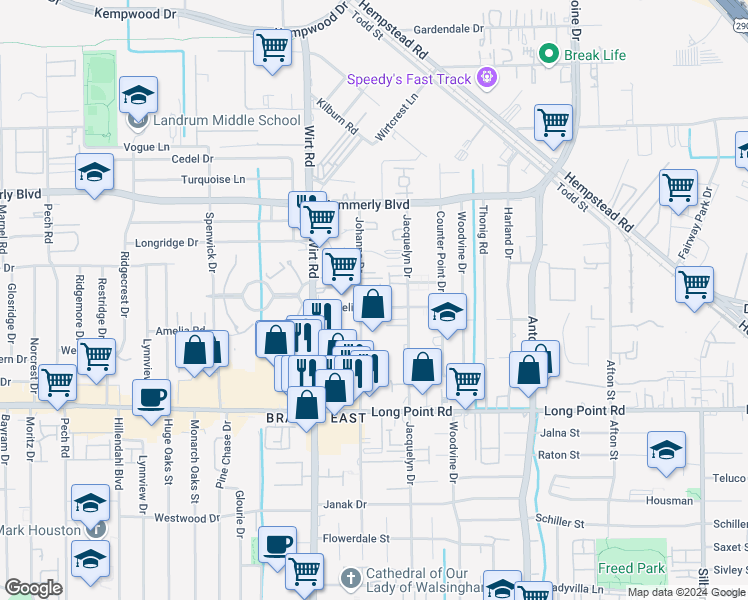 map of restaurants, bars, coffee shops, grocery stores, and more near 1928 Johanna Drive in Houston
