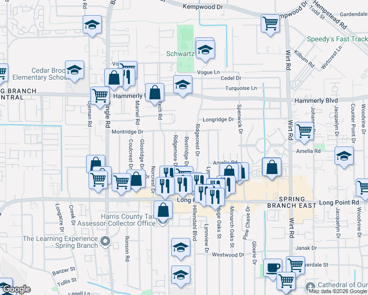 map of restaurants, bars, coffee shops, grocery stores, and more near 1930 Ridgemore Drive in Houston