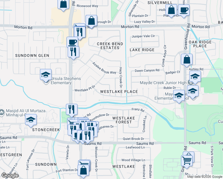 map of restaurants, bars, coffee shops, grocery stores, and more near 2603 Broomsedge Drive in Houston