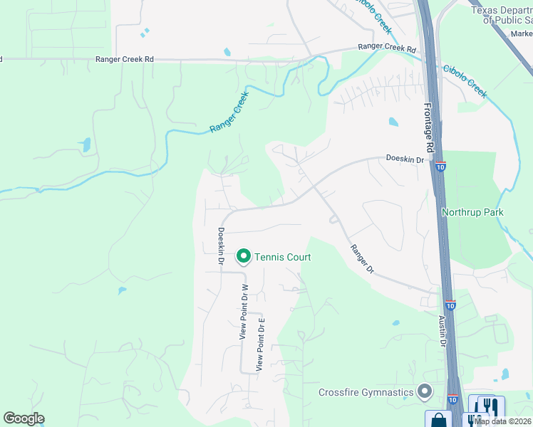 map of restaurants, bars, coffee shops, grocery stores, and more near 110 Deer Trail in Boerne