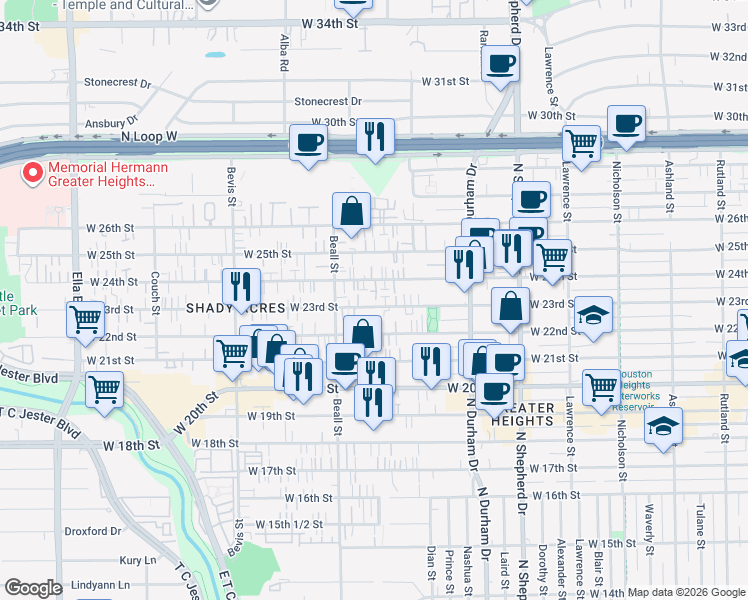 map of restaurants, bars, coffee shops, grocery stores, and more near 1010 West 23rd Street in Houston