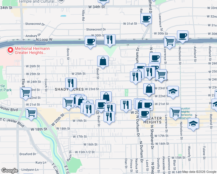 map of restaurants, bars, coffee shops, grocery stores, and more near 1010 West 23rd Street in Houston