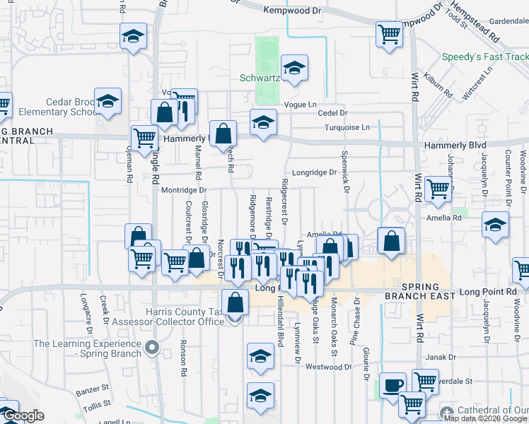map of restaurants, bars, coffee shops, grocery stores, and more near 1930 Ridgemore Drive in Houston