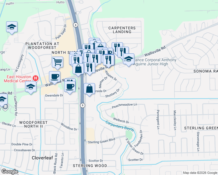 map of restaurants, bars, coffee shops, grocery stores, and more near 14814 Waterside Drive in Houston