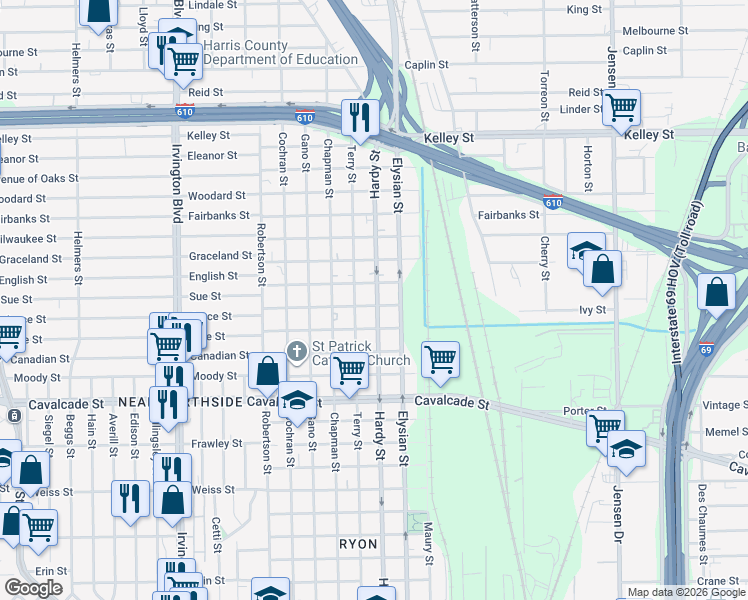 map of restaurants, bars, coffee shops, grocery stores, and more near 5125 Elysian Street in Houston