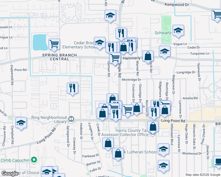 map of restaurants, bars, coffee shops, grocery stores, and more near 1914 Ojeman Road in Houston
