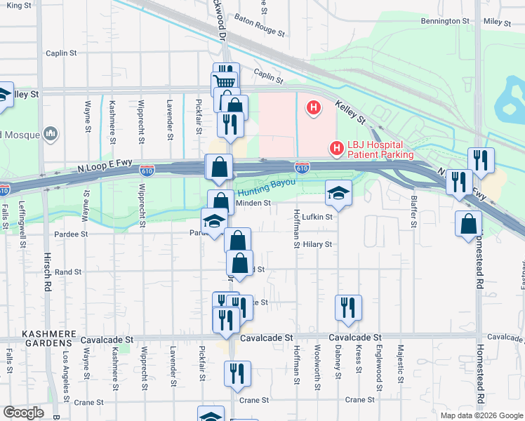 map of restaurants, bars, coffee shops, grocery stores, and more near 5465 Pardee Street in Houston