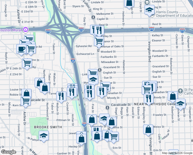 map of restaurants, bars, coffee shops, grocery stores, and more near 116 Wynne Street in Houston