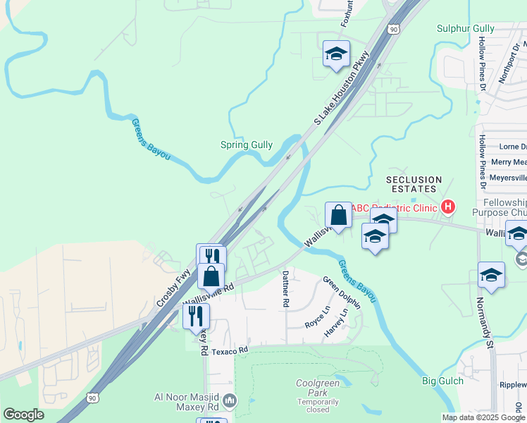 map of restaurants, bars, coffee shops, grocery stores, and more near 5300 South Lake Houston Parkway in Houston