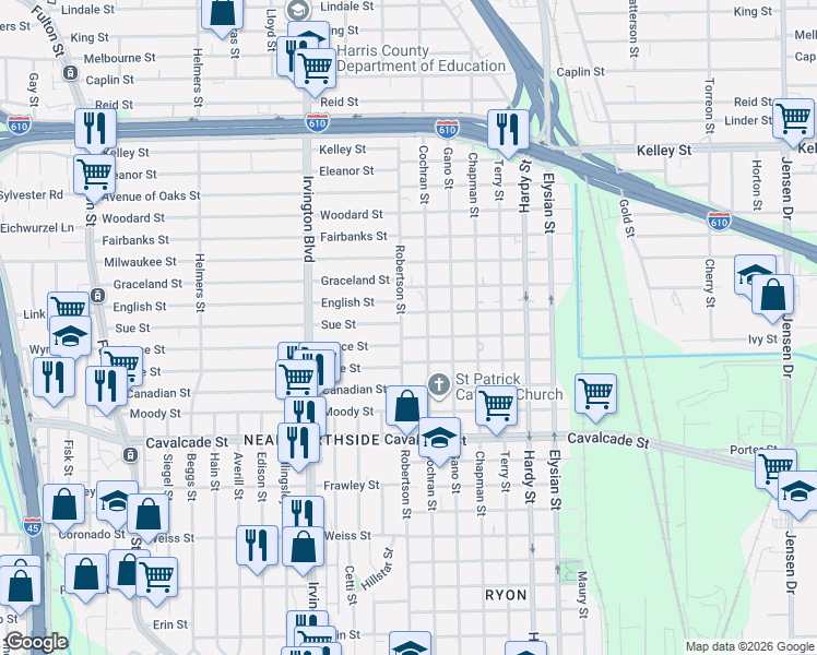 map of restaurants, bars, coffee shops, grocery stores, and more near 5115 Cochran Street in Houston