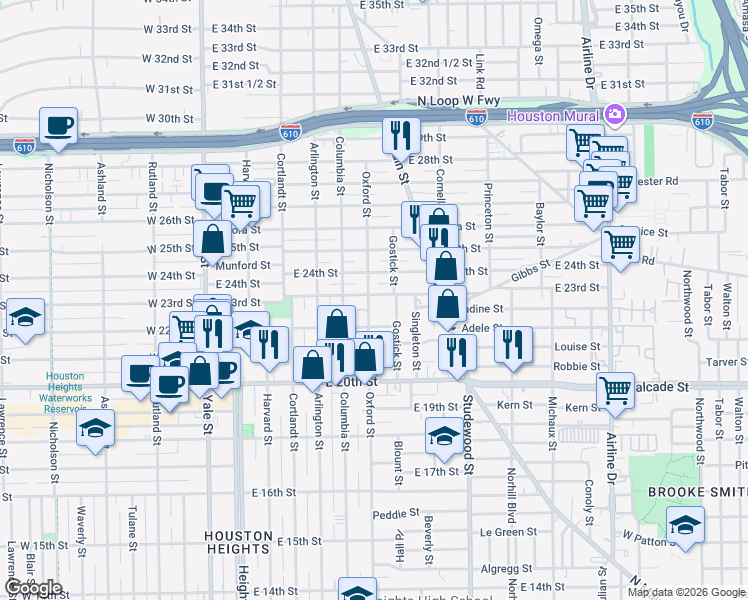 map of restaurants, bars, coffee shops, grocery stores, and more near 2211 Oxford Street in Houston
